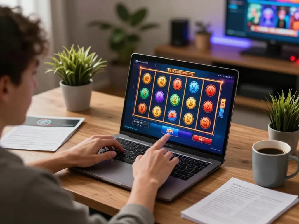 Enjoying a thrilling moment with 9bet slots on a laptop at home, dynamic gaming atmosphere