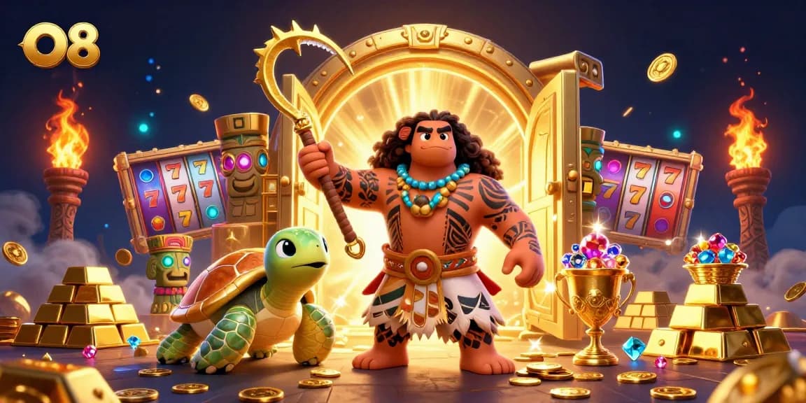Engage with the vibrant O8 casino scene featuring charmed characters amidst dazzling gambling treasures.