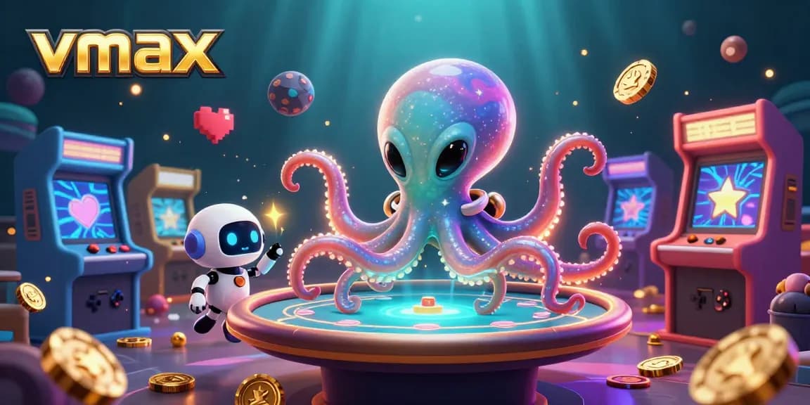 Experience vibrant gambling at vmax with a colorful alien octopus at a poker table in a lively scene.