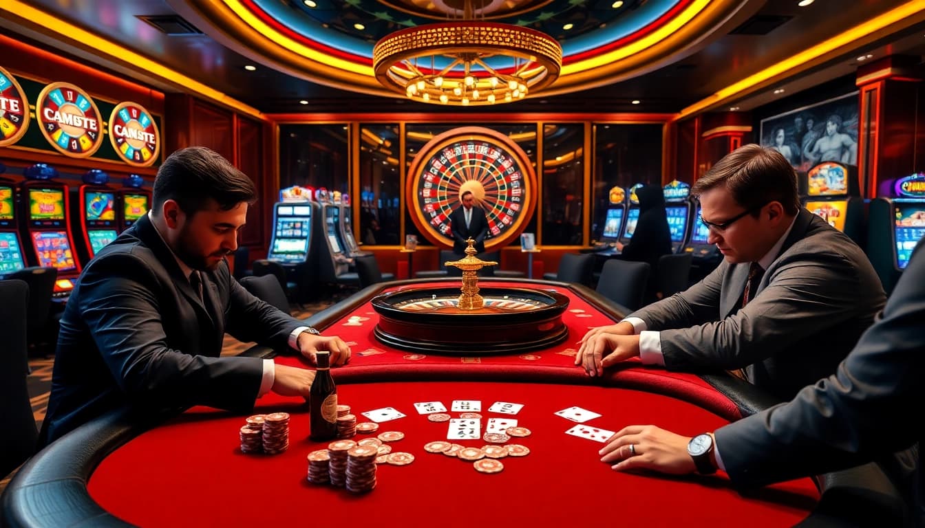 Exciting poker game at OK8386 casino with vibrant chips and cards on display.