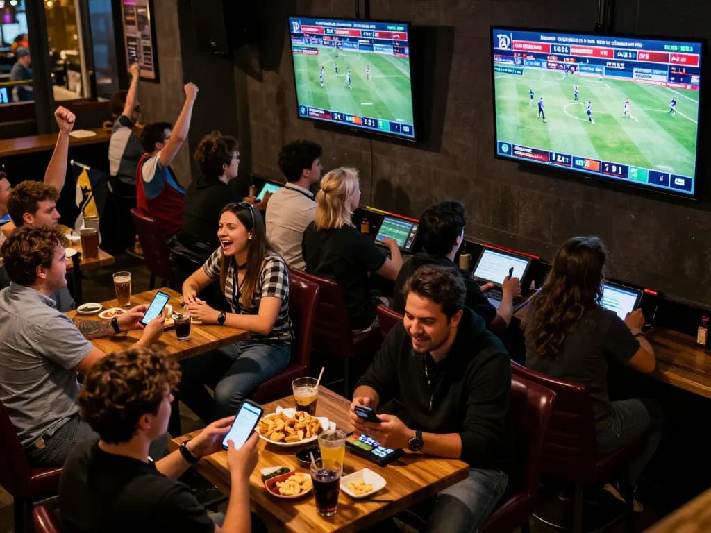 HUBET sports betting scene with fans engaging and placing bets during live games.