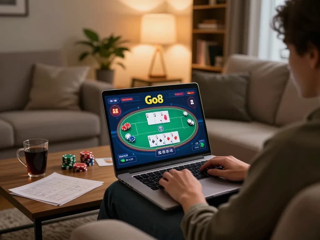 Engaged player enjoying Go8 gambling experience with online poker setup in a cozy home atmosphere