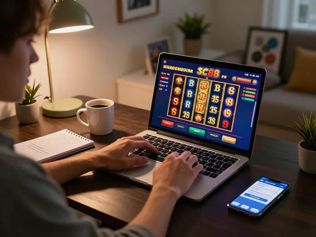 Engaging player enjoying SC88 online casino games at a cozy home setup.