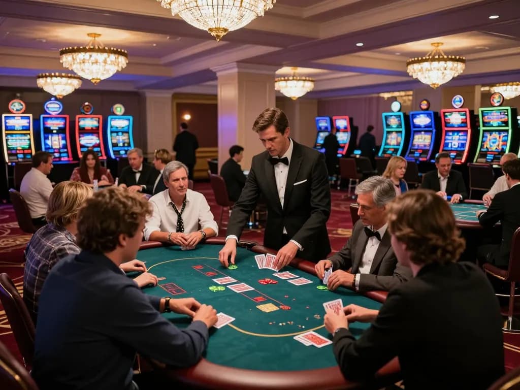 Players engaging in poker at a lively casino floor scene, showcasing https://lode884.co.com/ with dynamic energy and luxury.
