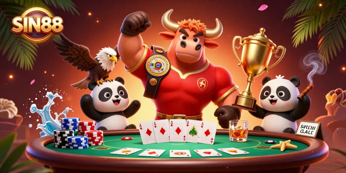 SIN88 celebrates victory with a cartoon bull, eagle, and panda amidst vibrant casino elements.