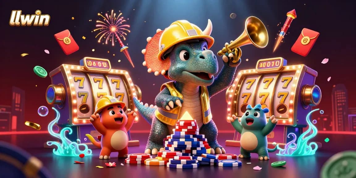 Engage with llwin's dynamic casino experience as triceratops builds poker chip pyramid in vibrant celebration.