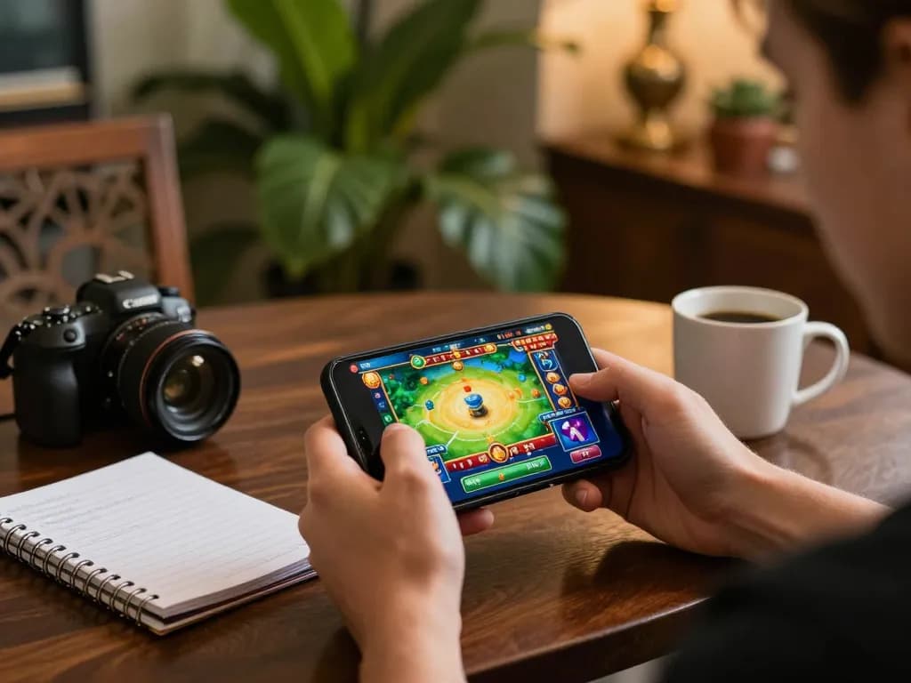 Engaged player enjoying Au88 mobile gaming with strategic notes at home.