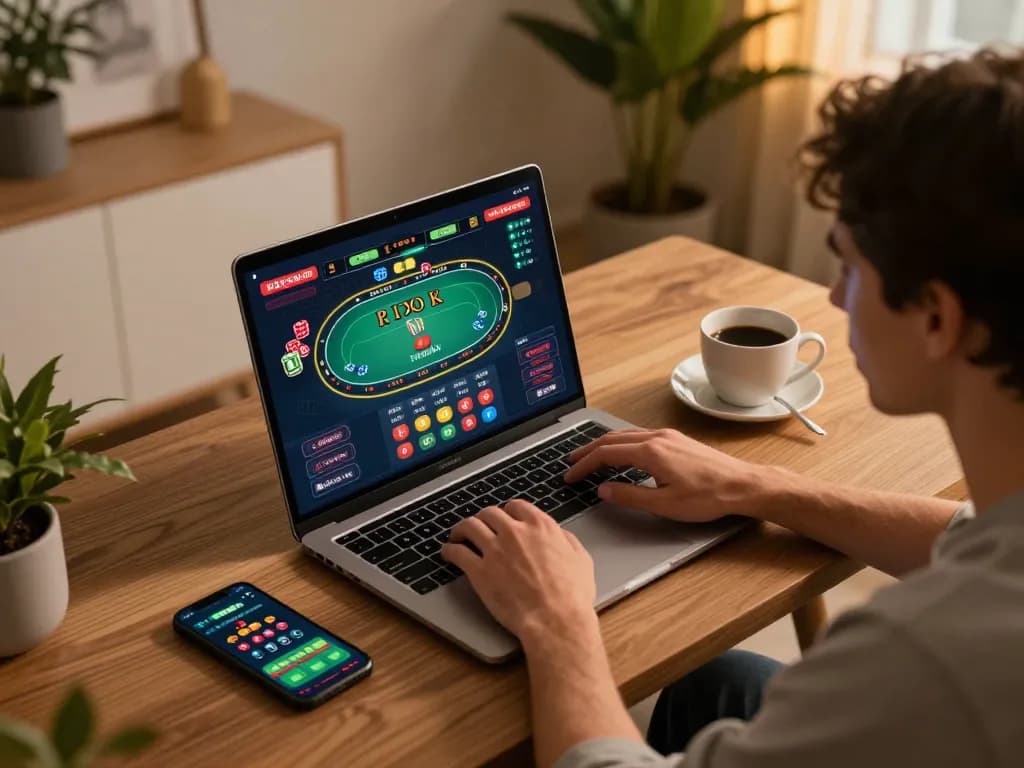 Person enjoying an online casino game at home with 68gamebaivn visible on screen.