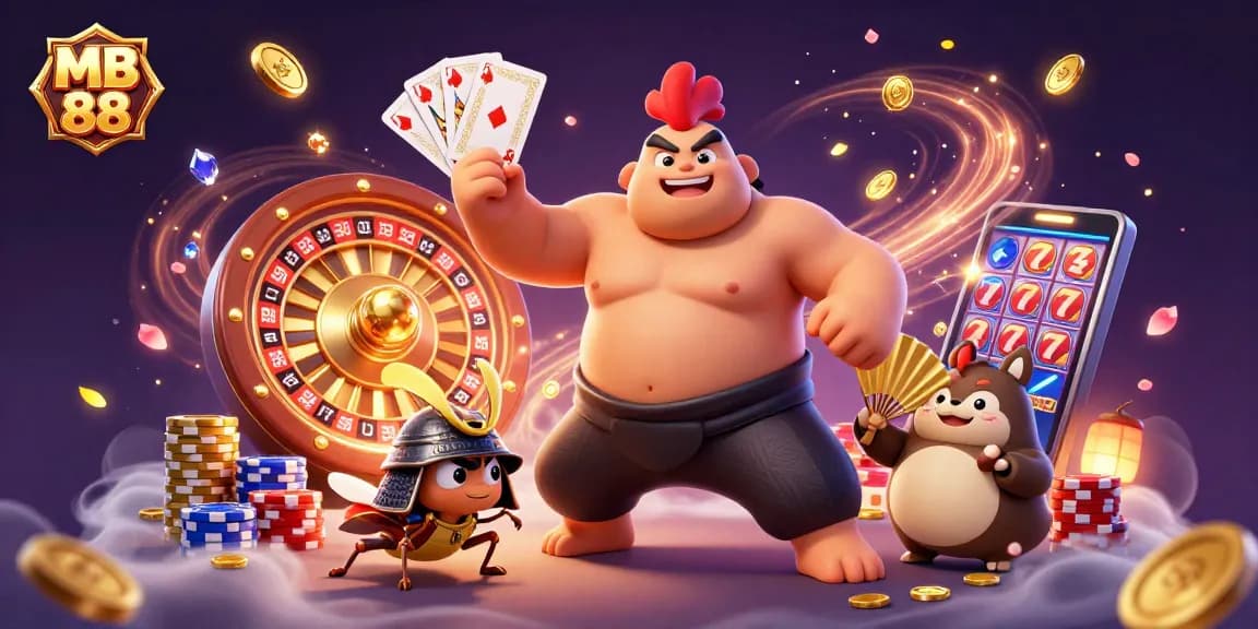 Experience the excitement of MB 88 with powerful characters and dynamic casino elements in a rich 3D illustration.