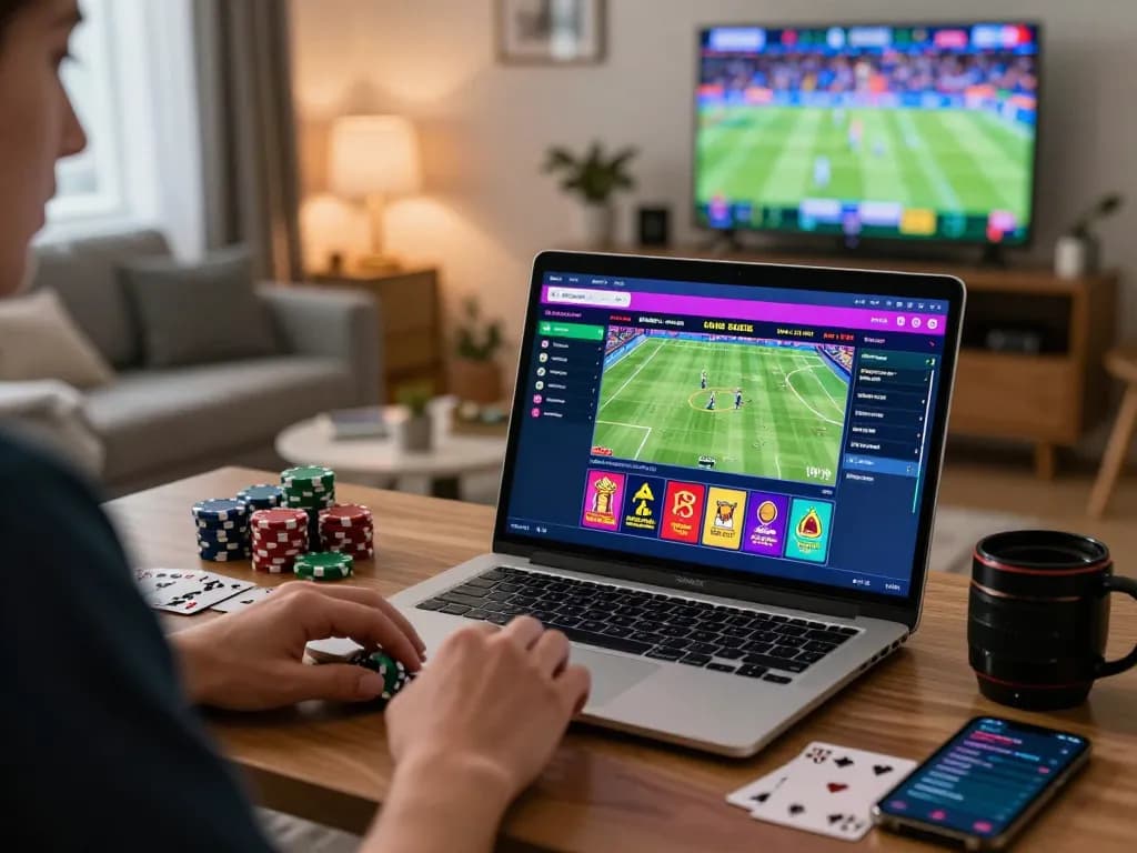 Exciting online gambling scene showcasing rikbet sports betting at home with vibrant laptop display