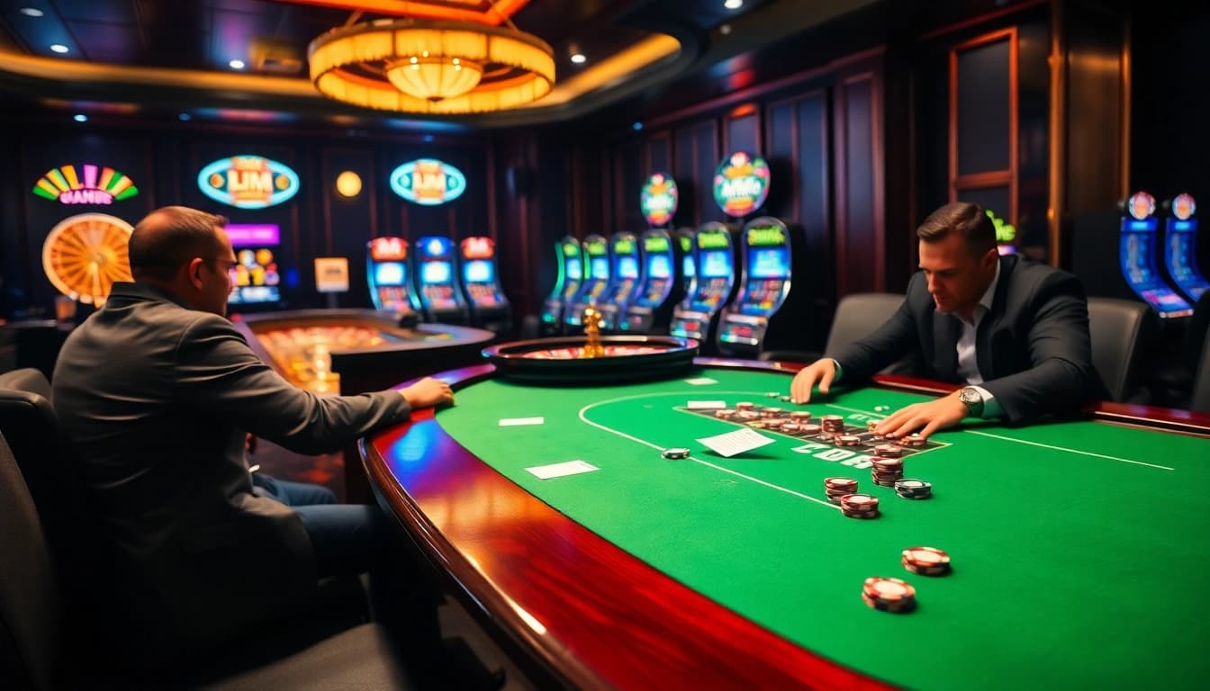 Engaging poker game with hm88 chips on a luxurious casino table amidst exciting gambling atmosphere.