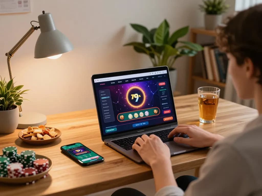 Engaging with the 79kingt1 casino app on a laptop, showcasing a cozy home gaming setup.