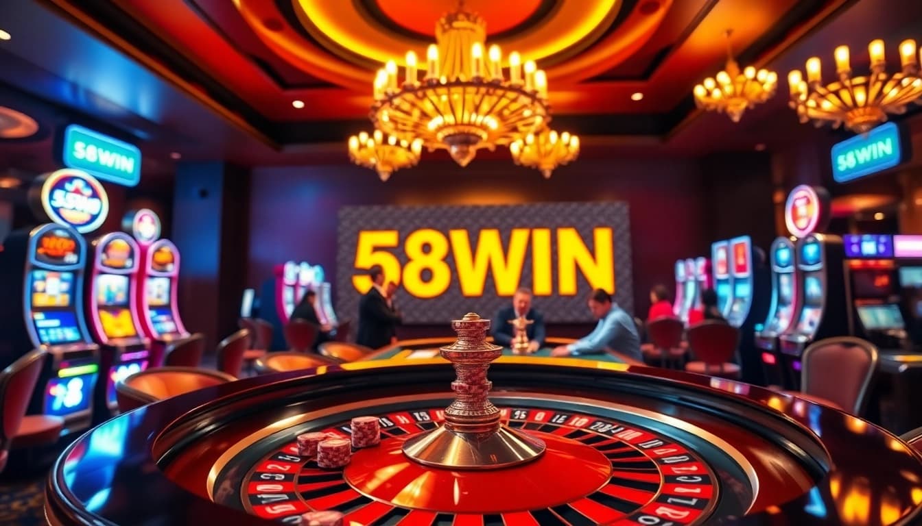 Engaging gamblers at a luxurious casino table illuminated by vibrant lights featuring 58WIN.