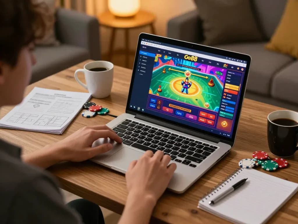 Player enjoying Go88 online gaming setup with a laptop and strategy notes.
