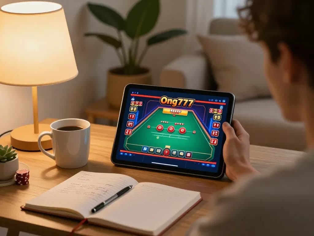 Engaging with the Ong777 casino on a tablet at home, displaying a vibrant poker game.