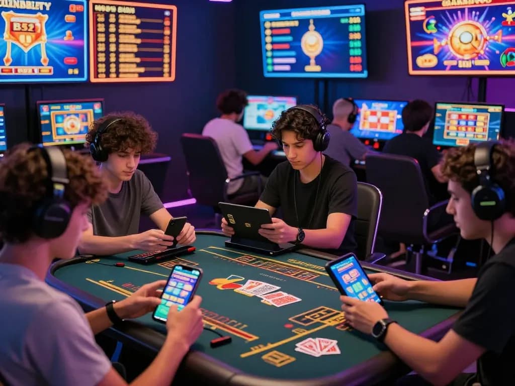 Players tải b52club while enjoying diverse online gaming experiences in a modern setting.