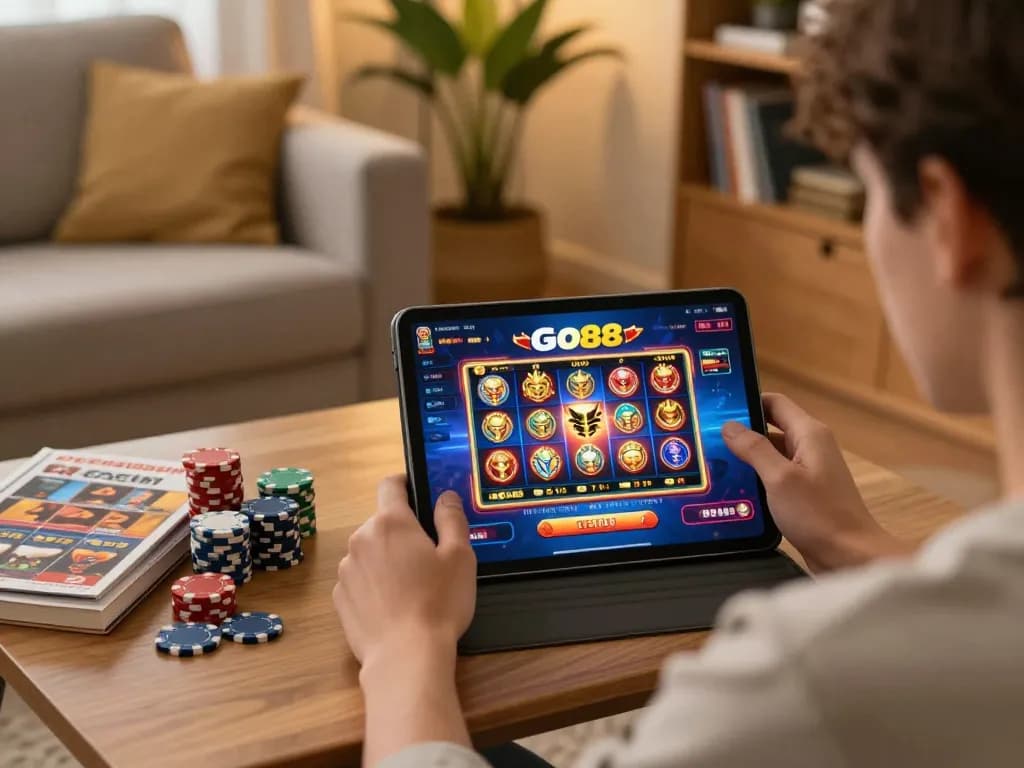 Engaging gameplay on Go88 with a vibrant slot game interface displayed on a tablet during a cozy home session.
