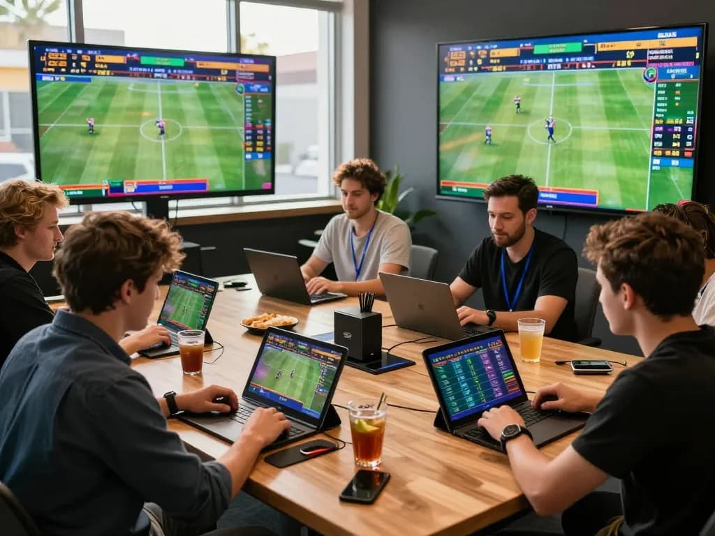 Players enjoying a live betting session on bl555 platform with vibrant digital displays and gaming equipment.