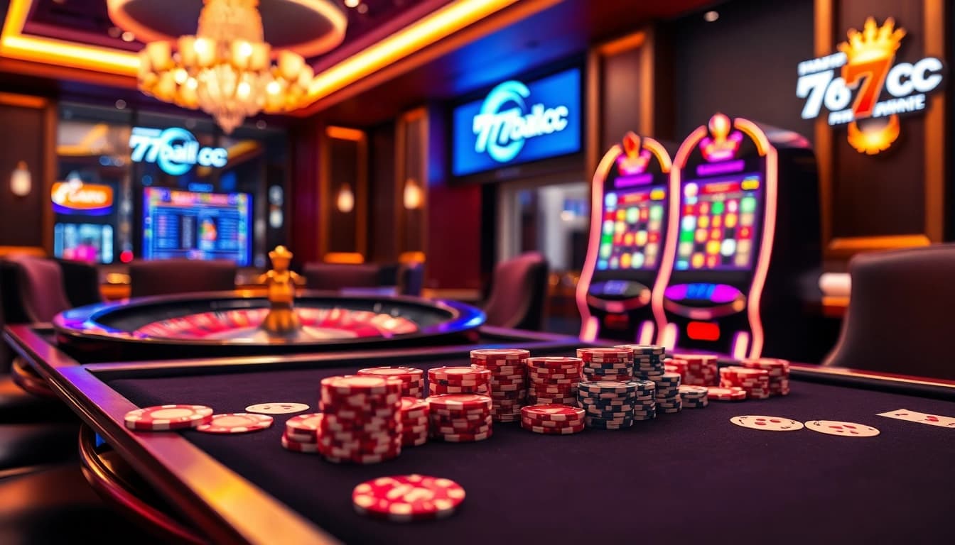 A dealer presents cards on a gaming table at 77ball cc, capturing the excitement of casino gambling.
