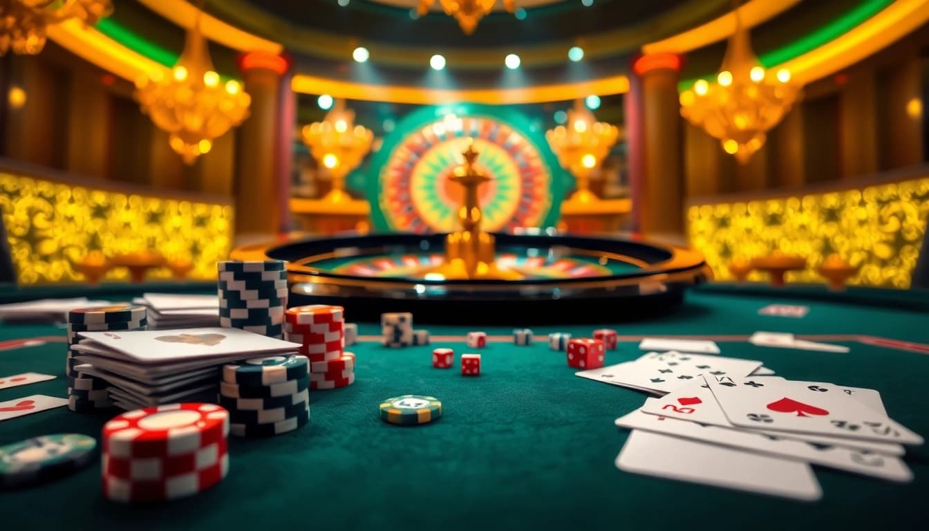 8kbet offers an exciting gambling experience with vibrant casino visuals including cards and roulette.
