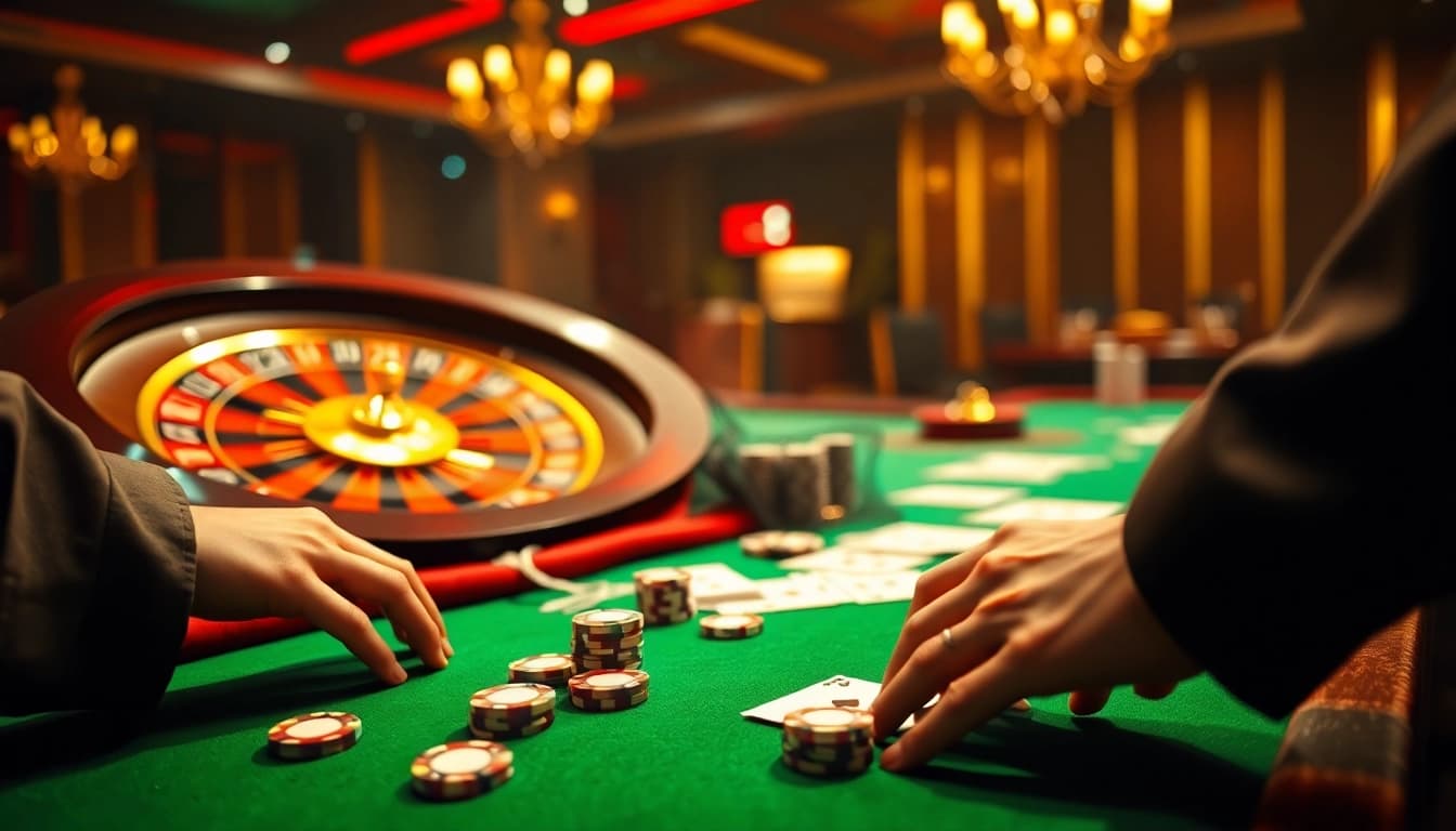 A dynamic gambling scene showcasing Nohu90's online interface with roulette, cards, and poker chips.