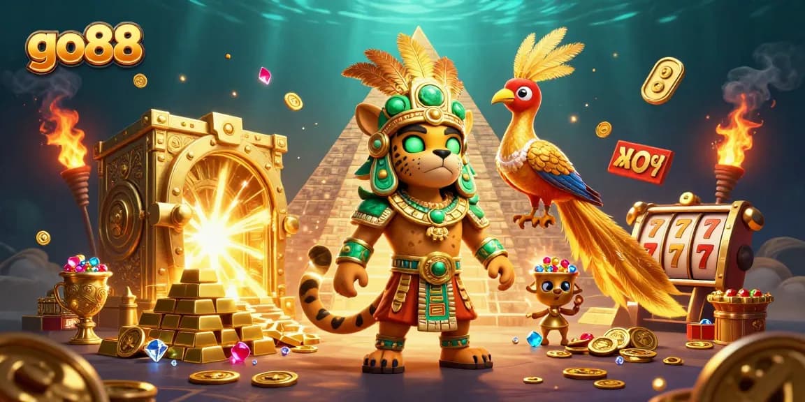 Experience go88 with the vibrant 3D casino scene, featuring thrilling slot elements and treasures.