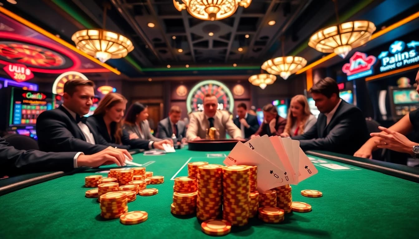 UU88 poker scene with excited players at a high-stakes table surrounded by vibrant casino elements.