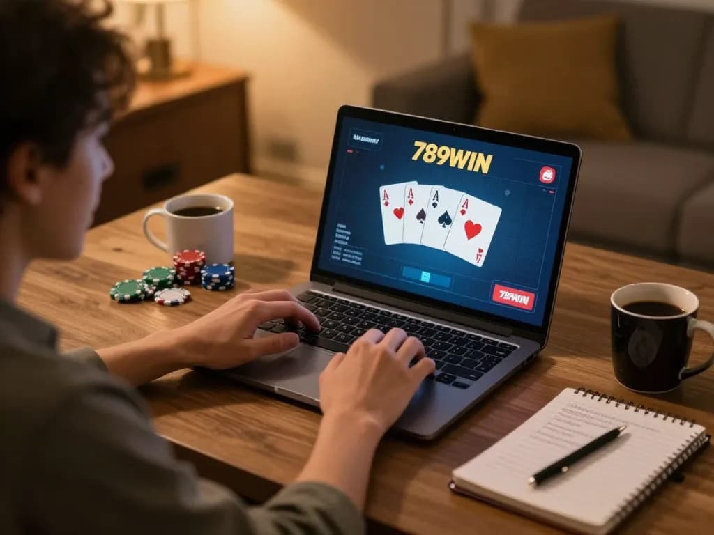 Person engaging with 789WIN online poker game on a laptop at home, showcasing friendly gambling atmosphere.