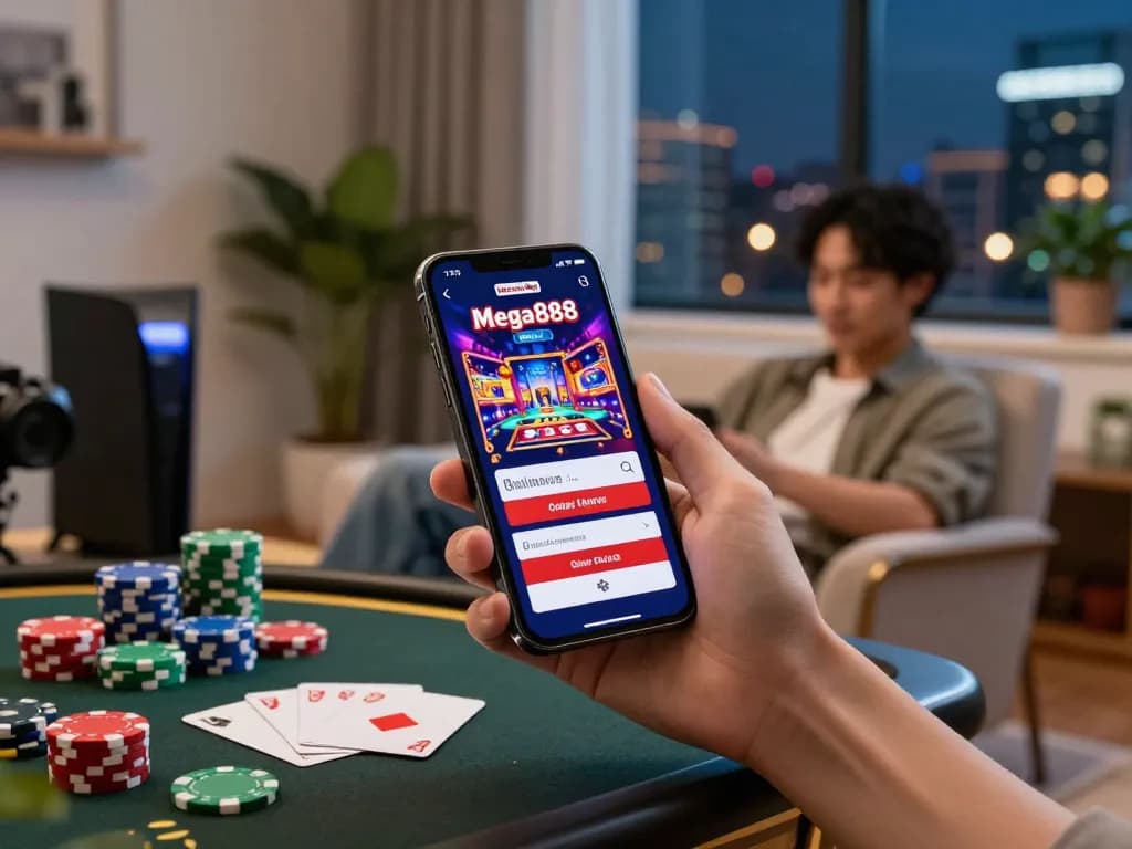 Mega888 online login interface displayed on a smartphone within a cozy gaming setup, featuring casino elements in a vibrant home environment.