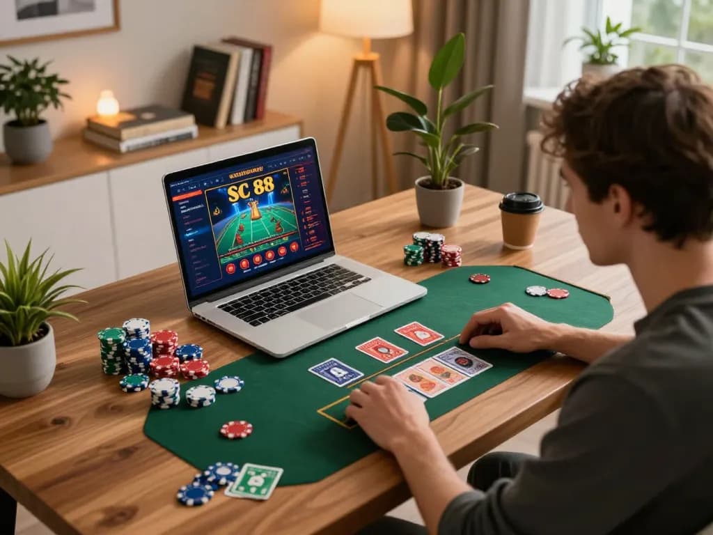 Engaged player experiencing SC 88 online casino gaming on laptop at home, surrounded by colorful chips.
