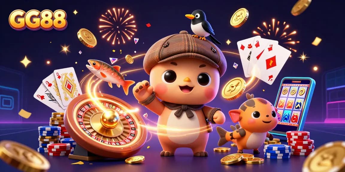 GG88 engages players with vibrant casino elements, including golden coins and spinning roulette.