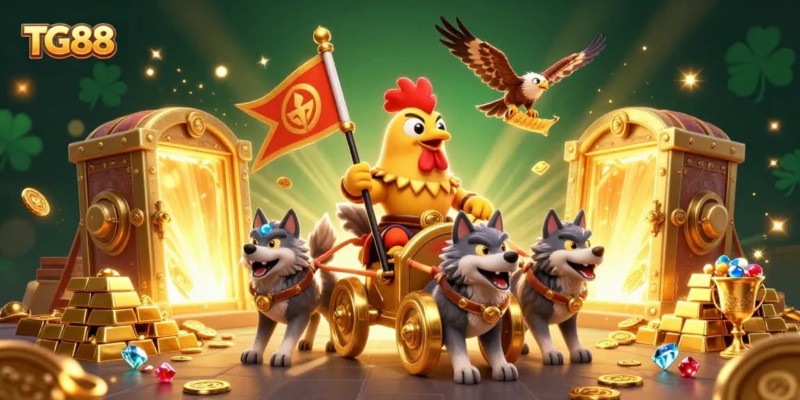 Experience thrilling gameplay at TG88 with a vibrant scene of a rooster warlord and gold treasures.