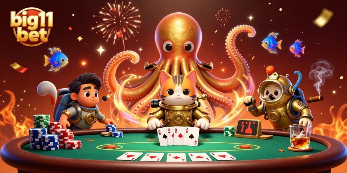 Rasakan sensasi big11 bet dengan kraken kartun dan kucing penyelam di antara elemen kasino yang berwarna-warni.
