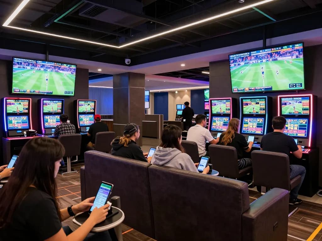 Betting enthusiasts engage in real-time wagering at Net88 sports lounge, showcasing excitement and modern design.