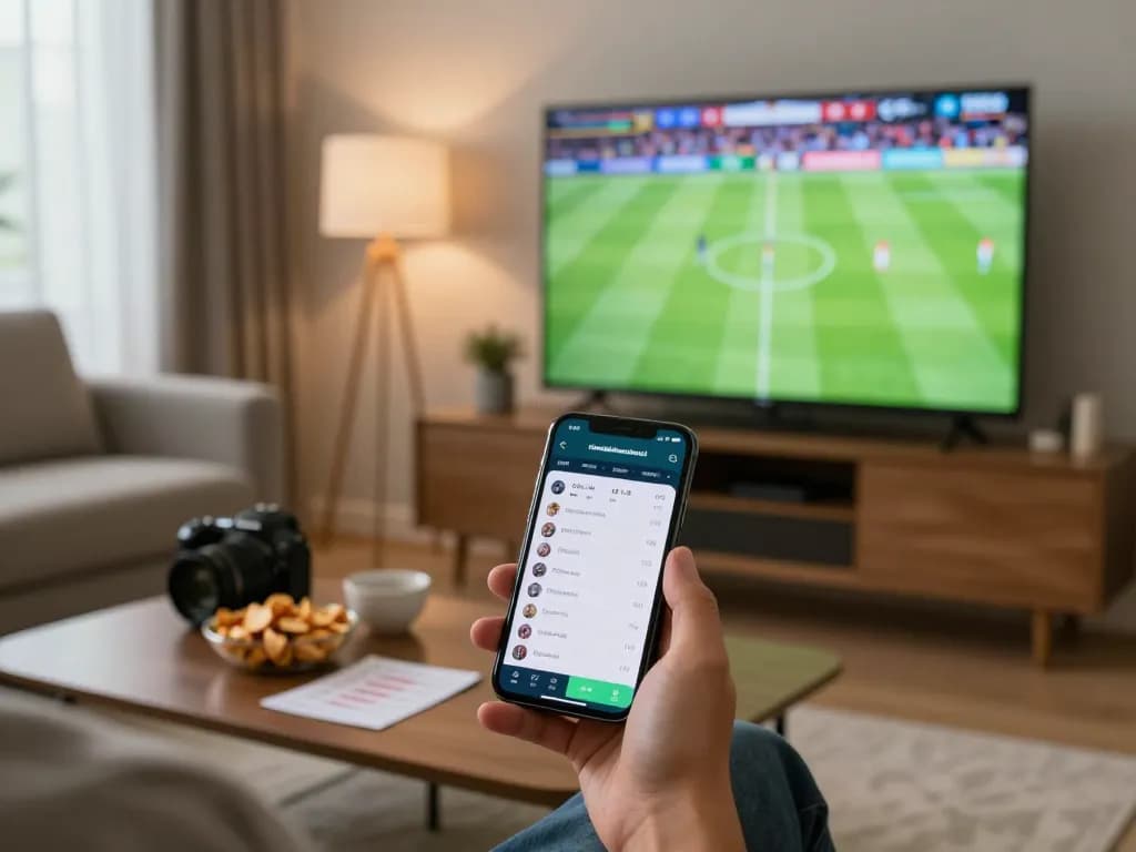 Person using nhandinhkeonhacai app to strategize sports bets during a live game