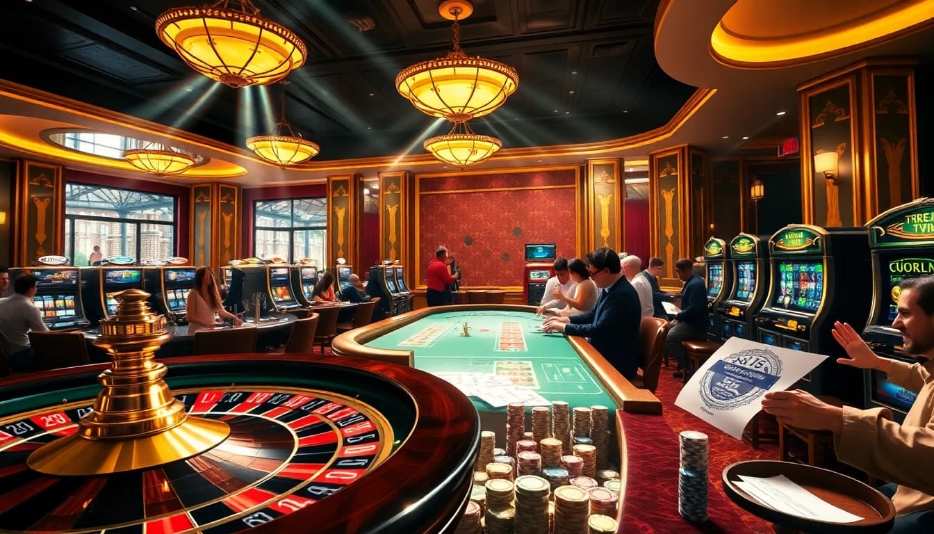 Engaged gamblers analyze tỷ lệ kèo at an upscale casino with roulette and poker tables.