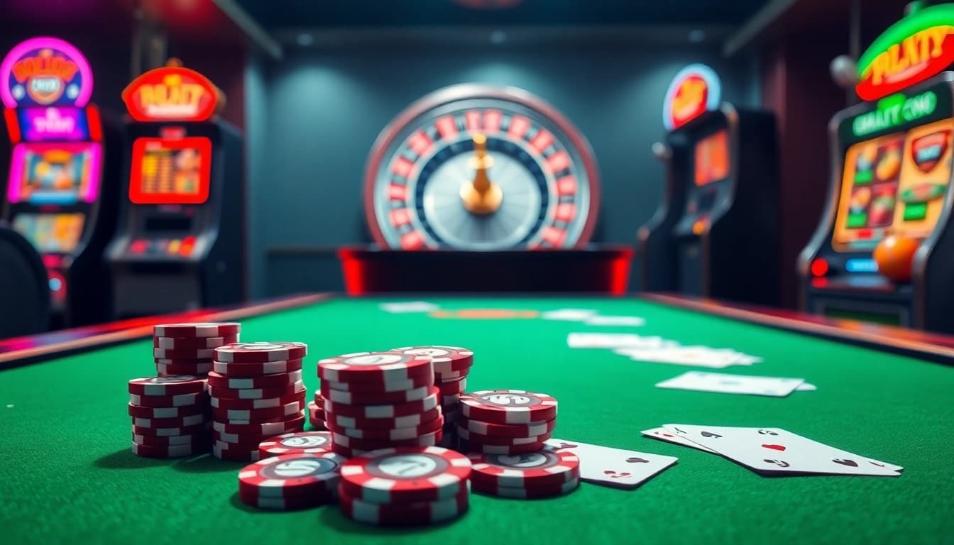 This scene at https://hello88app.com/ captures an exciting online casino atmosphere featuring poker chips, roulette wheel, and vibrant slot machines.