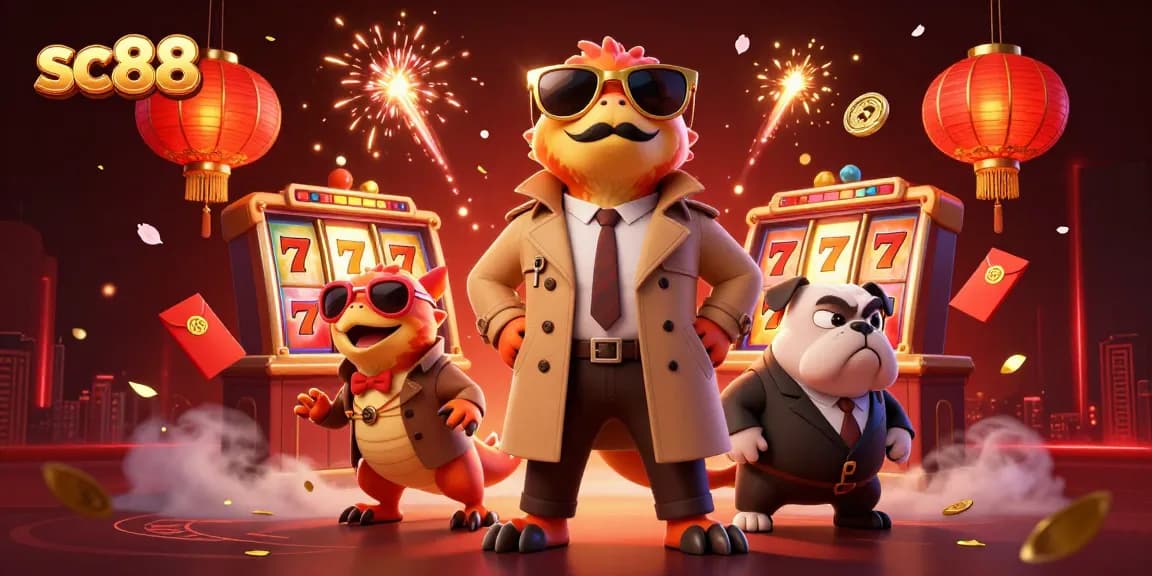 Experience thrilling gaming at SC88 with raptors and a bulldog in a VIP casino lounge.