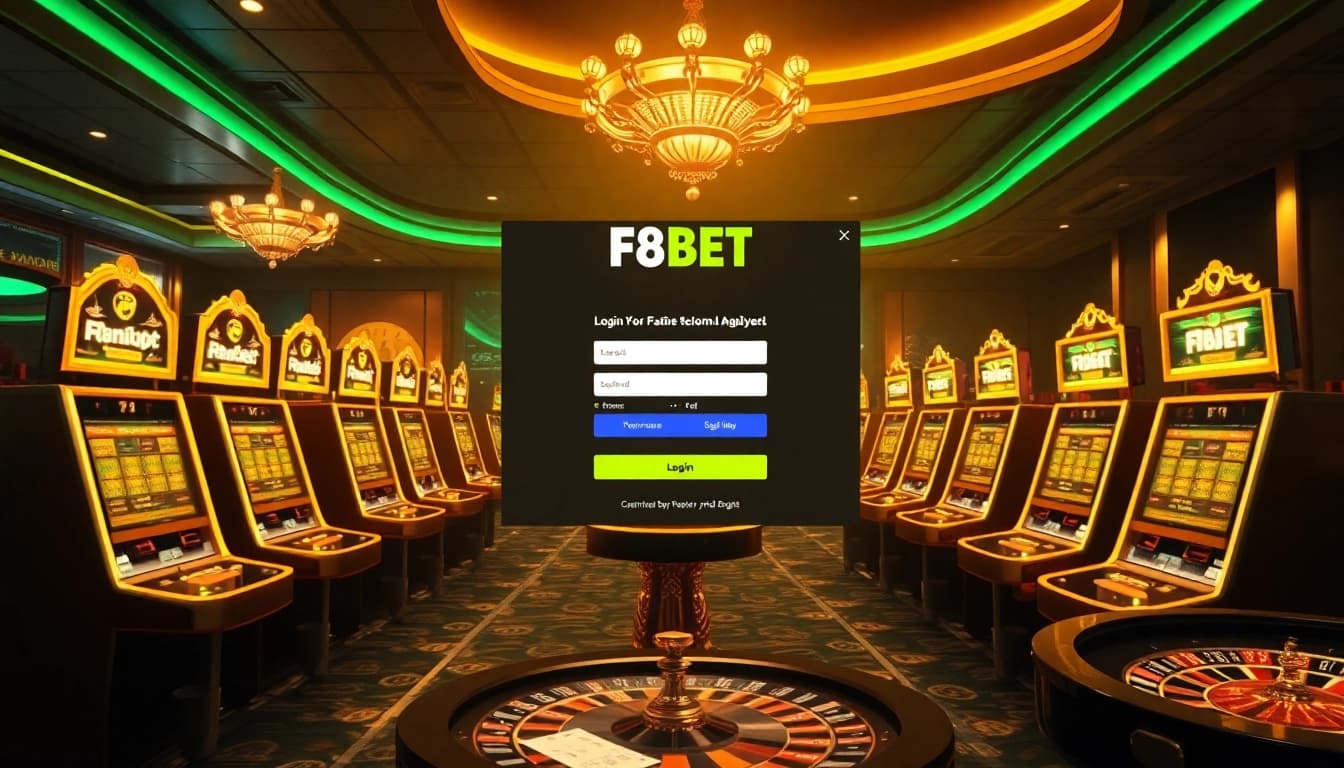 Experience a thrilling online gambling atmosphere as users login to F8BET, featuring vibrant casino table visuals and slots.