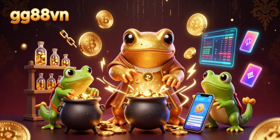 Experience winning strategies at gg88vn, featuring vibrant 3D characters with gold coins and crypto elements.