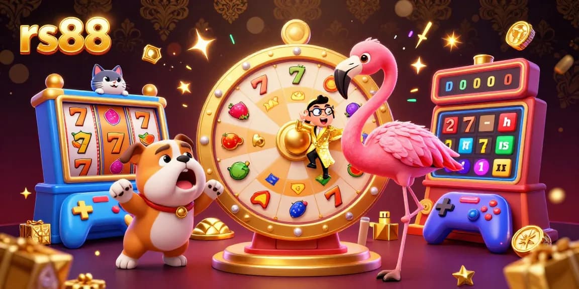 Spin and win at rs88 with a lively game show scene featuring colorful slot machines and animated characters.