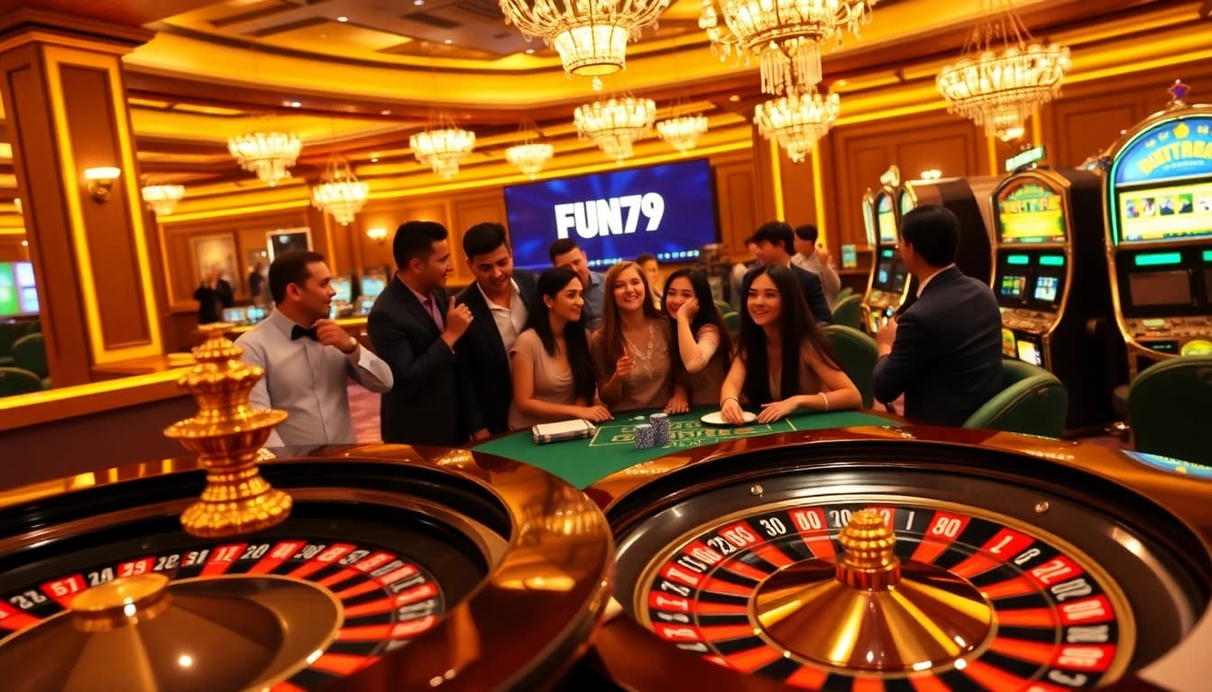 Players enjoying a thrilling gaming experience at fun79 casino with roulette and poker chips.