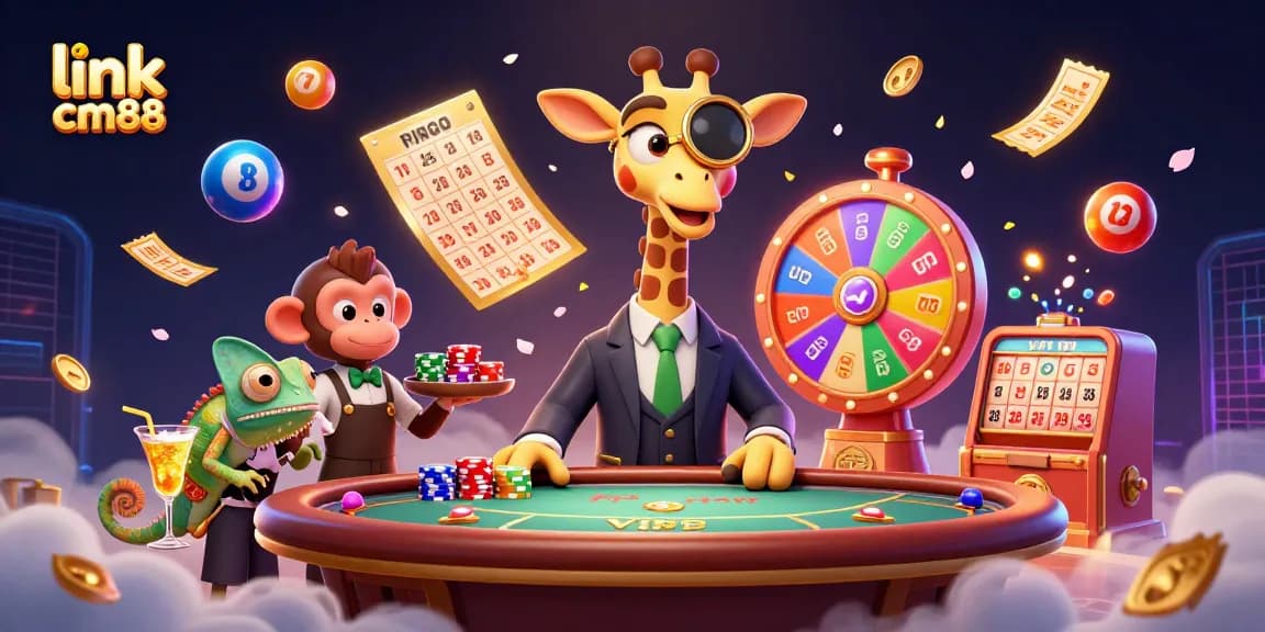 Engage with thrilling gameplay at link cm88, showcasing a vibrant casino scene featuring a high-roller giraffe.