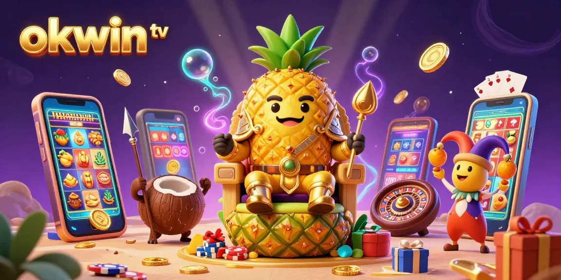 Engage with okwin tv's vibrant gaming realm, featuring a golden pineapple king and dynamic slot games.