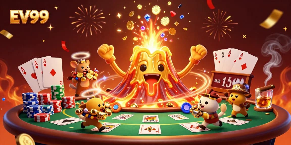 Experience epic wins with EV99 at a vibrant casino, showcasing treasures and poker elements.