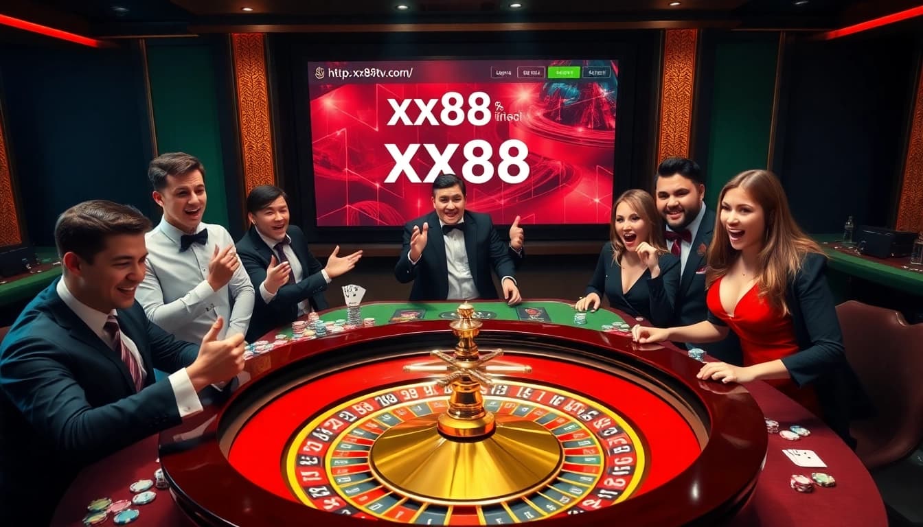 Experience the excitement of online gambling with https://xx88tv.com/, showcasing a lively casino scene full of poker cards and roulette.