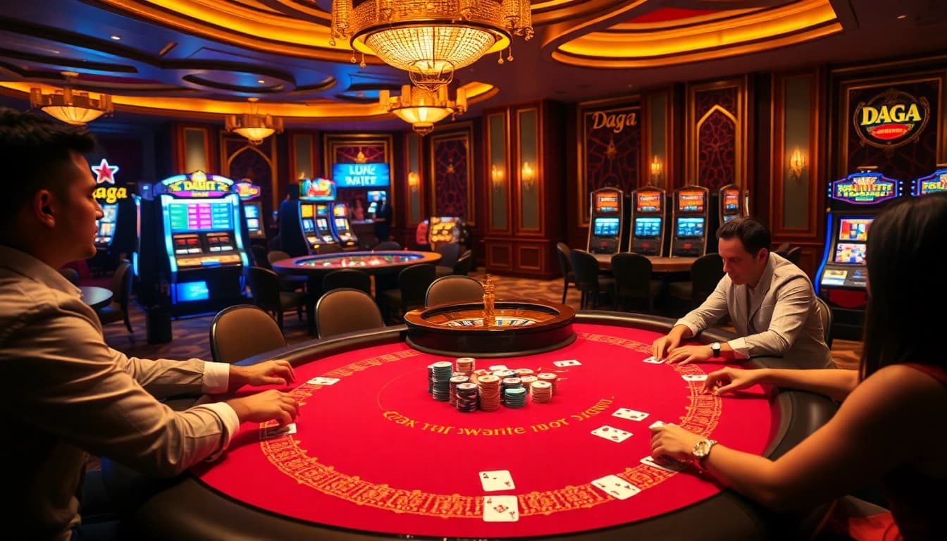 Daga casino players enjoying an exciting round of poker with colorful chips and cards.
