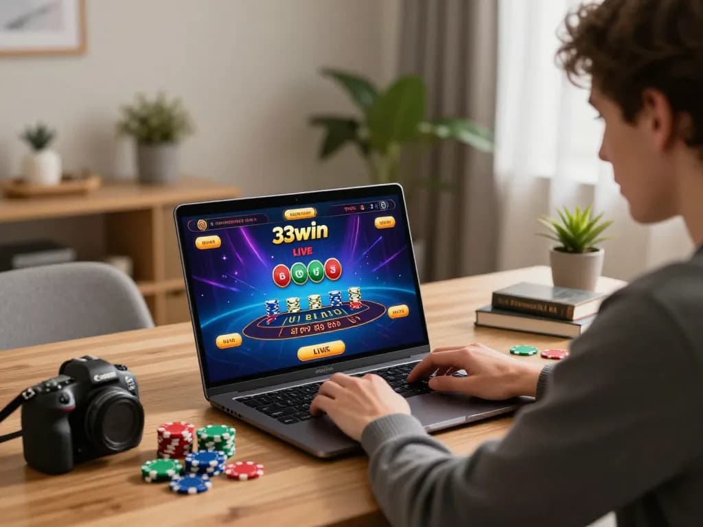 Engaging player using 33win's online casino platform at home for strategic baccarat gameplay.