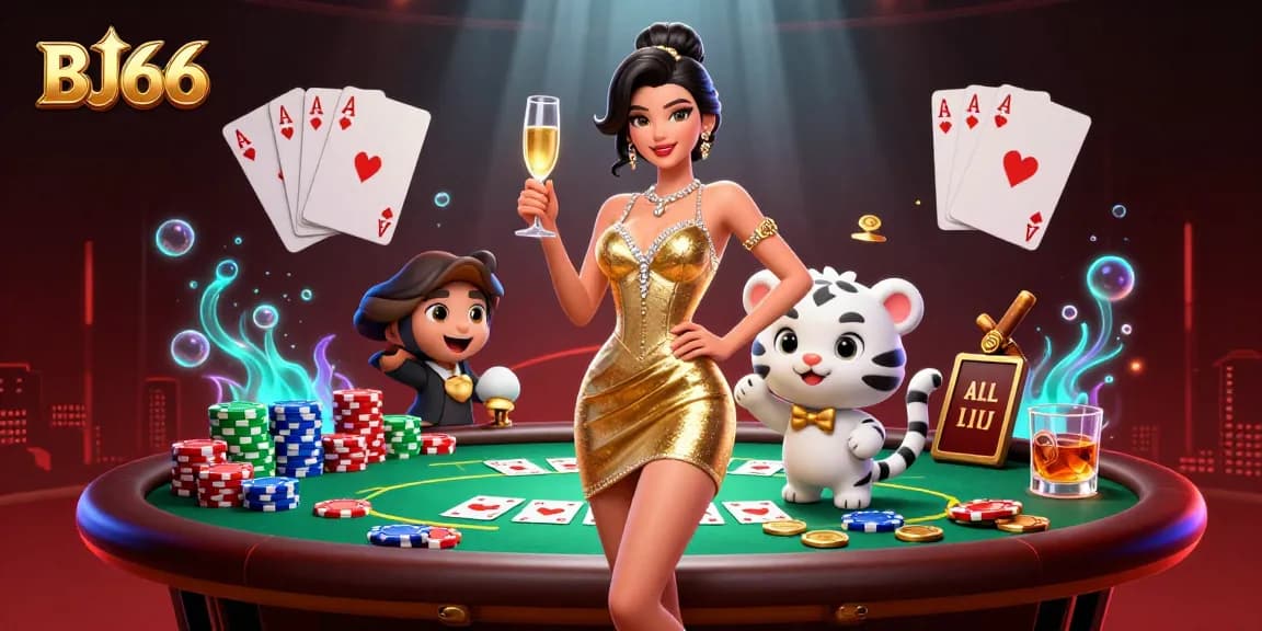 Engage with BJ66 at a glamorous online casino scene featuring a woman in gold and a lucky tiger.
