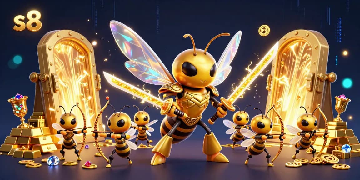 Engage with the vibrant s8 illustration featuring a golden hornet in samurai armor surrounded by treasures and action.